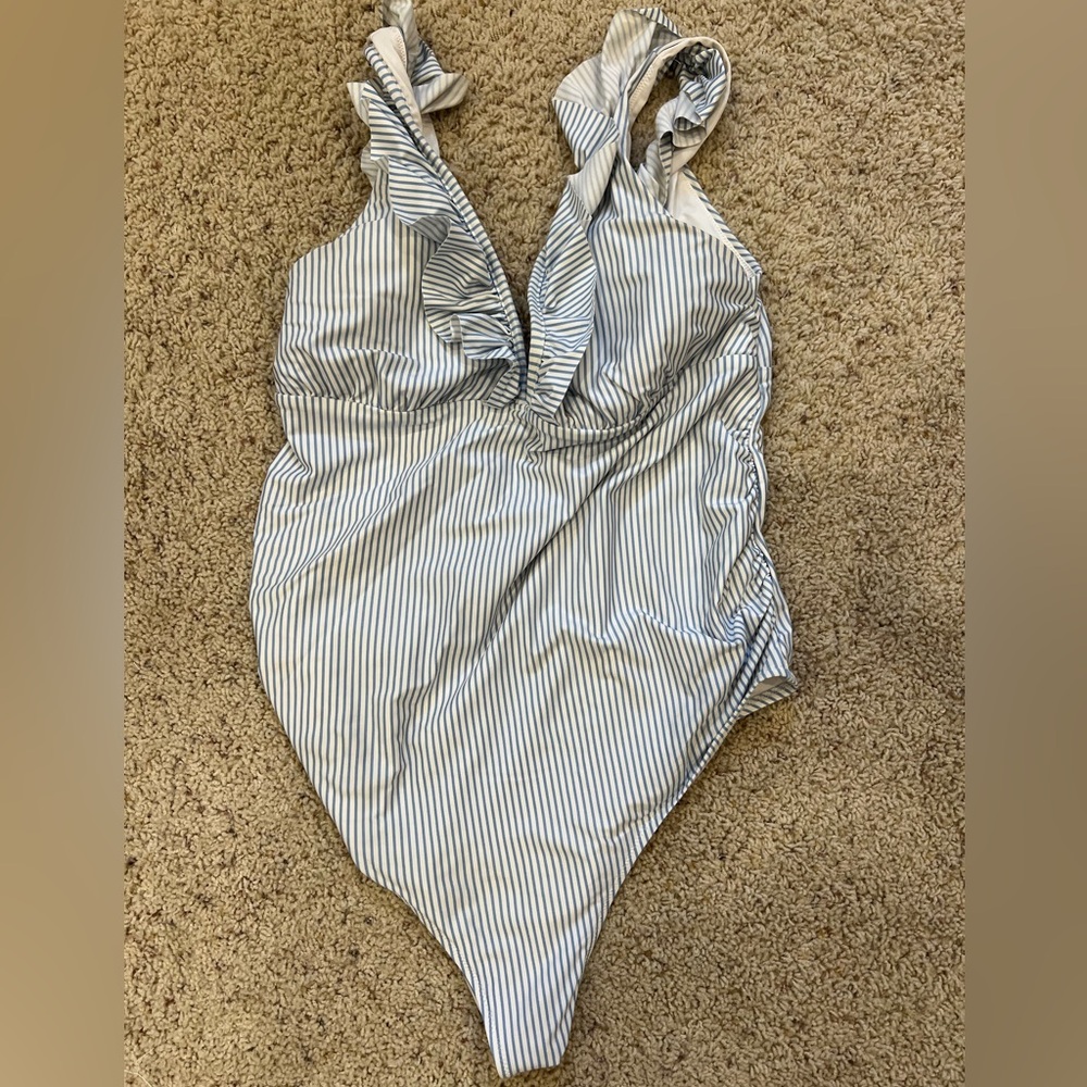H&M maternity swimsuit blue and white stripe one piece bathing suit